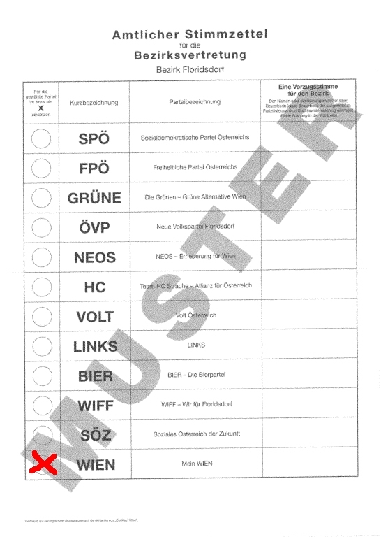 Stimmzettel Bezirksvertretungswahl 21. Bezirk Wien; Muster